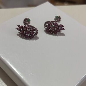 Rhodolite Garnet Emerald Sterling Silver Swan Earrings